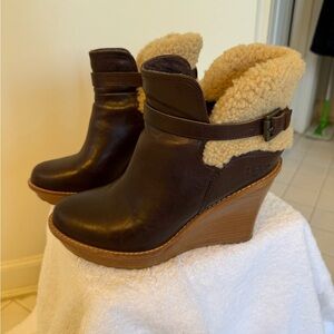 UGG Dark Brown Wedge Boots with Cream Shearling